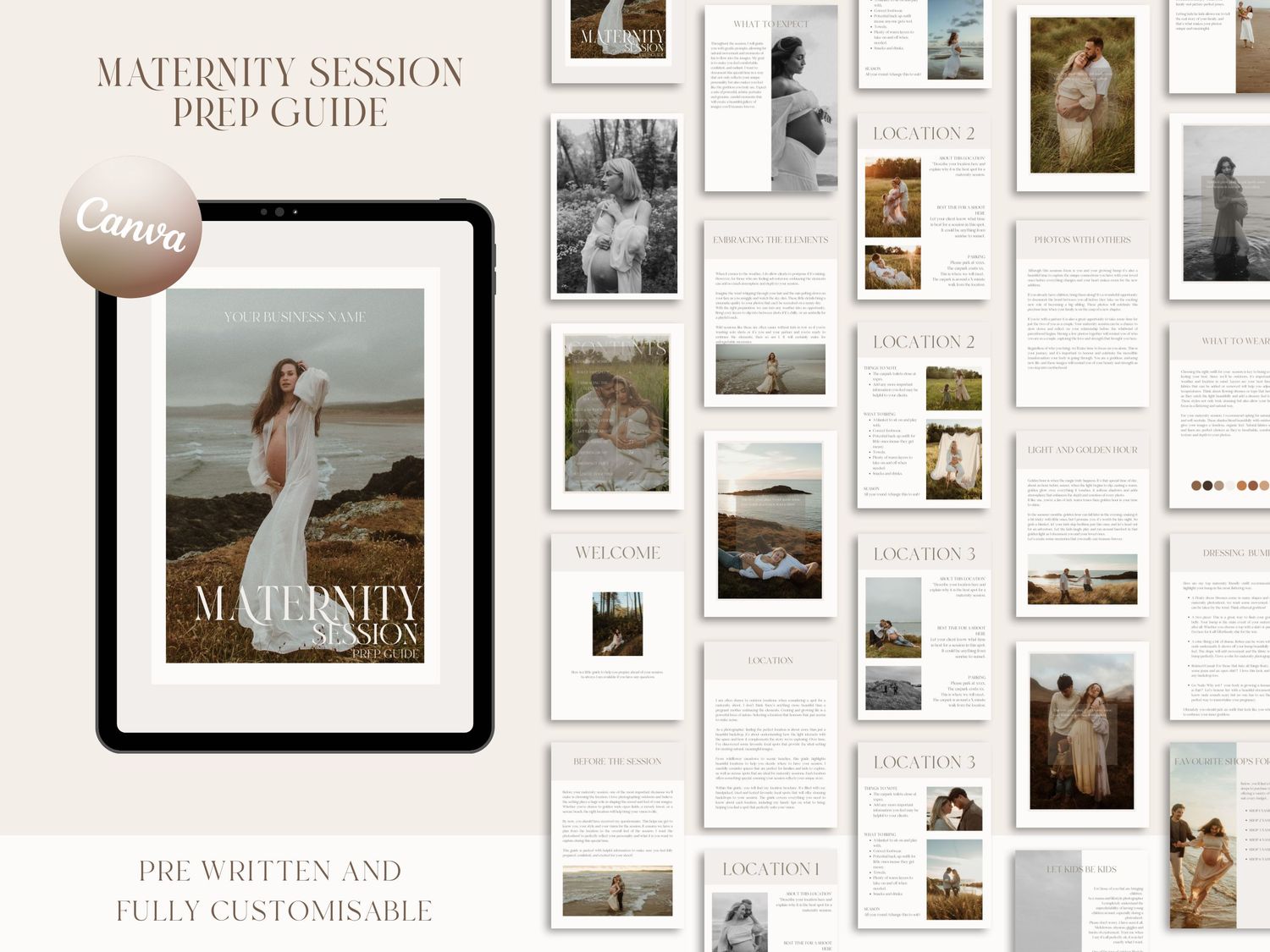 Maternity session prep guide. Pre written Canva template for photographers