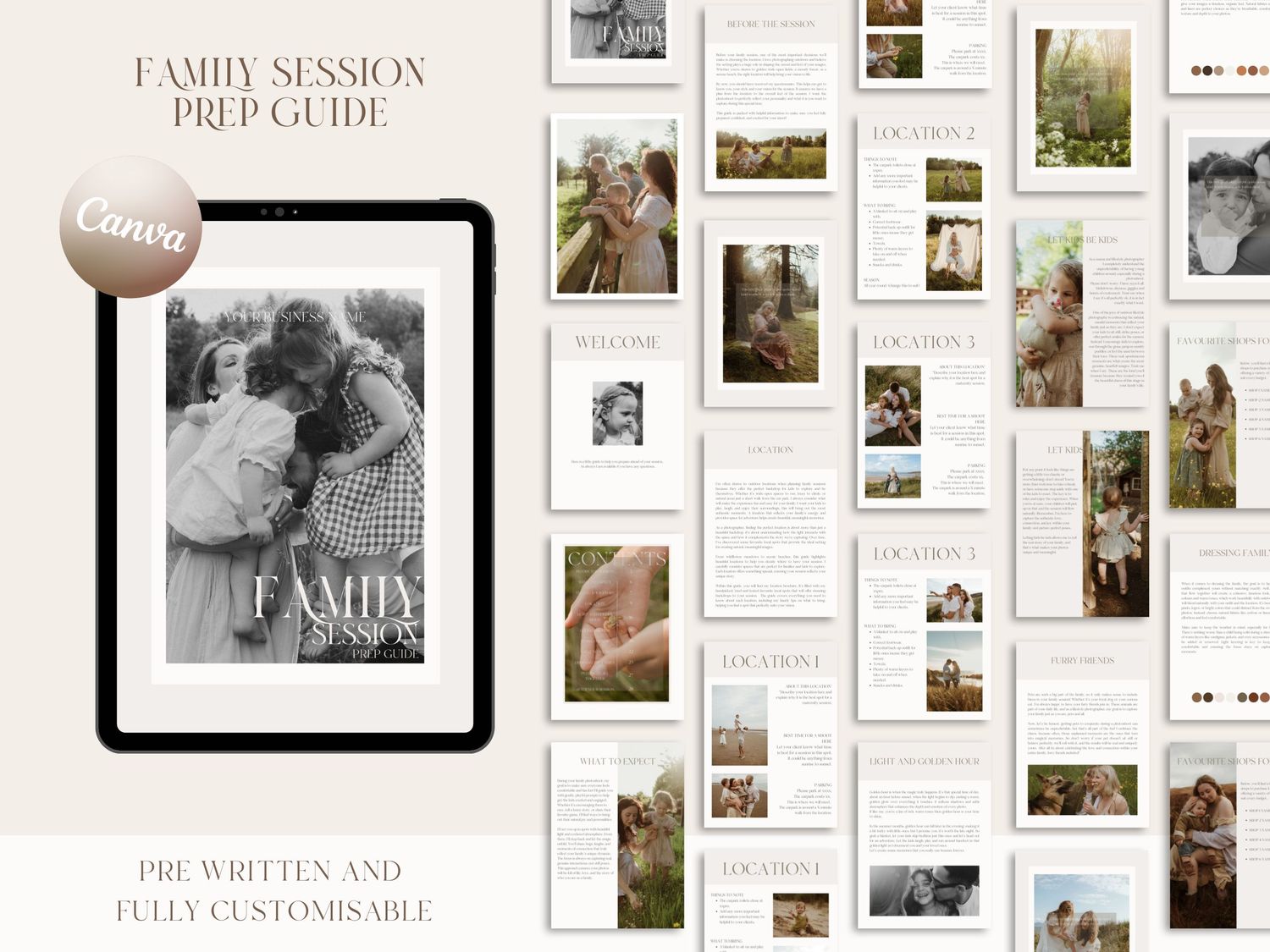 Family session prep guide. Pre written Canva template for photographers.