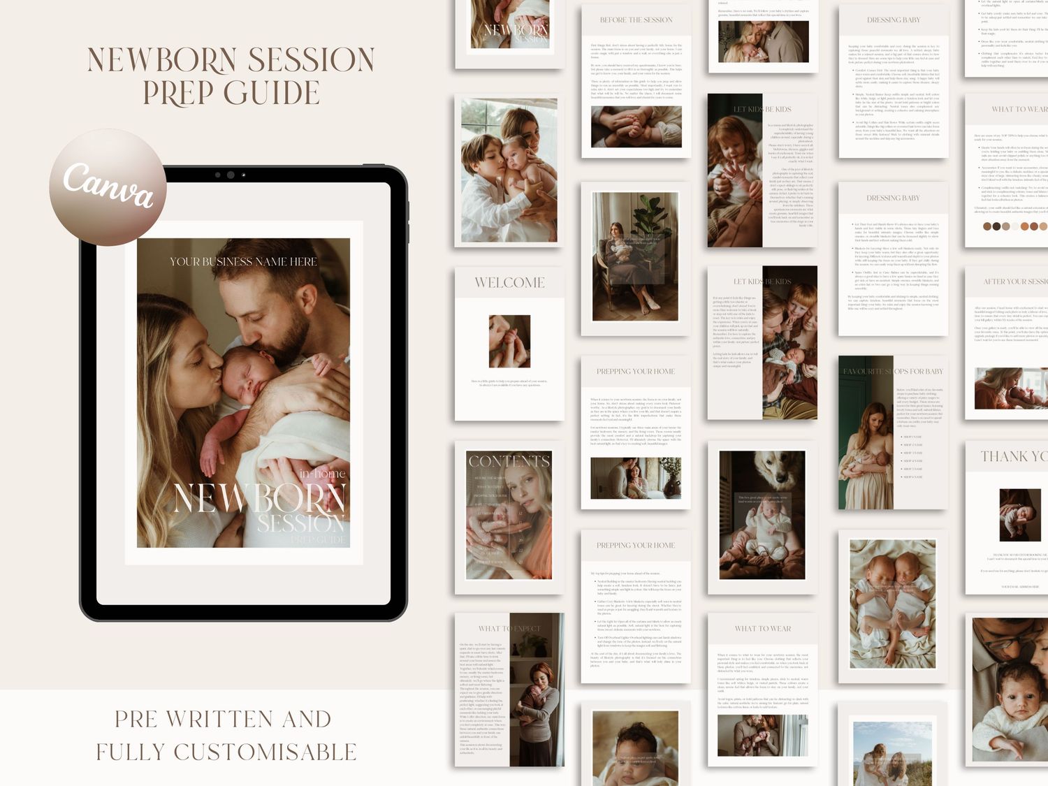 Newborn session prep guide. Pre written Canva template for photographers