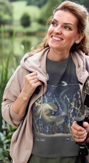 Anita Woods &amp; Wildlife Trust of South &amp; West Wales &quot;Gone Fishing&quot; Grey Unisex Organic Tee Shirt SMALL (S)