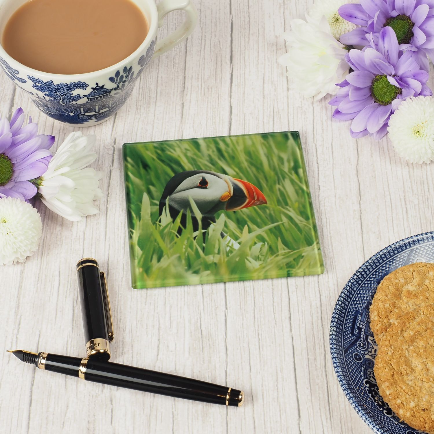 Puffin In Grass Glass Coaster