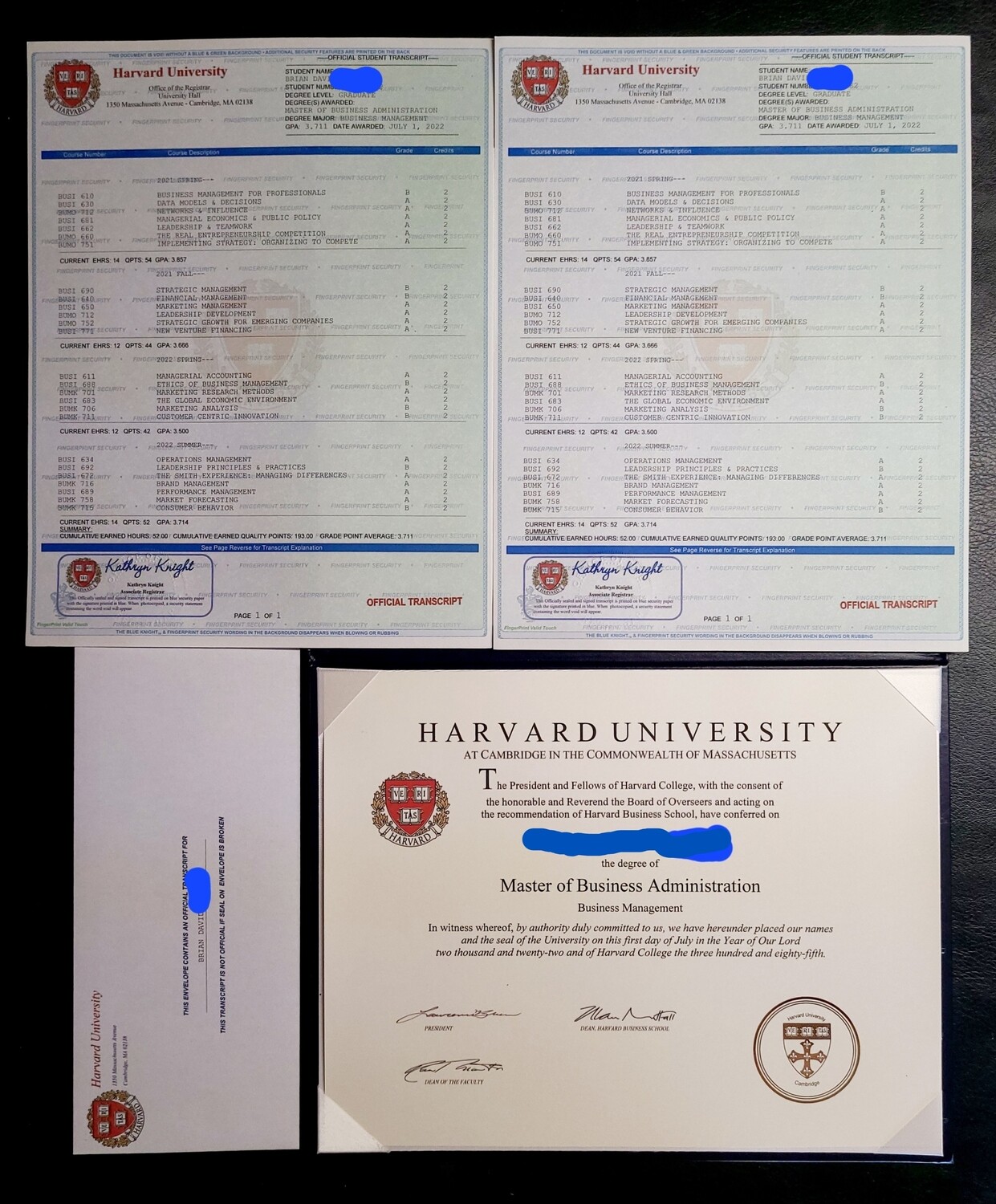 University Diploma And Transcripts Set