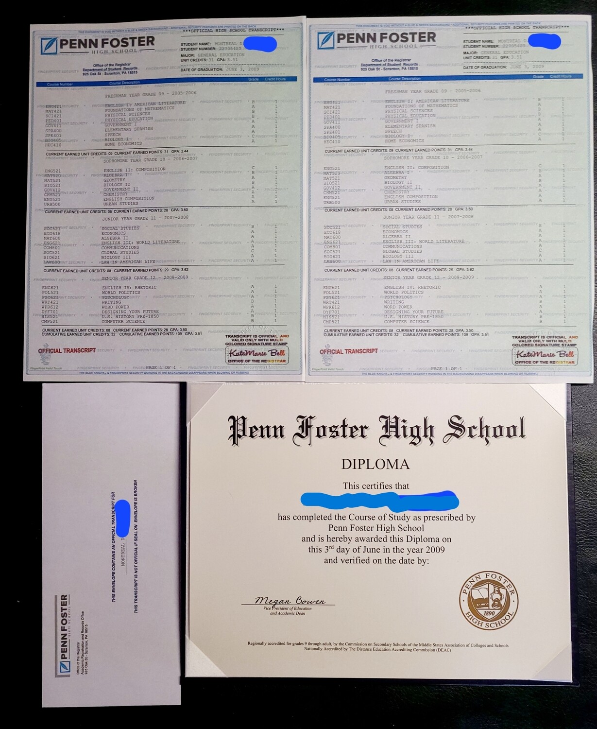 High School Diploma and Transcripts + Envelopes with Deluxe Holder