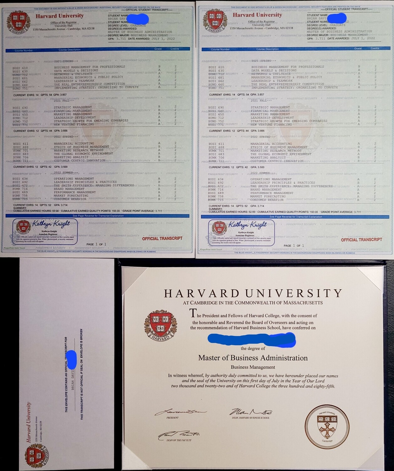 Match College / University Diploma + 2 Transcript Sets + 2 Unsealed Registrar Envelopes