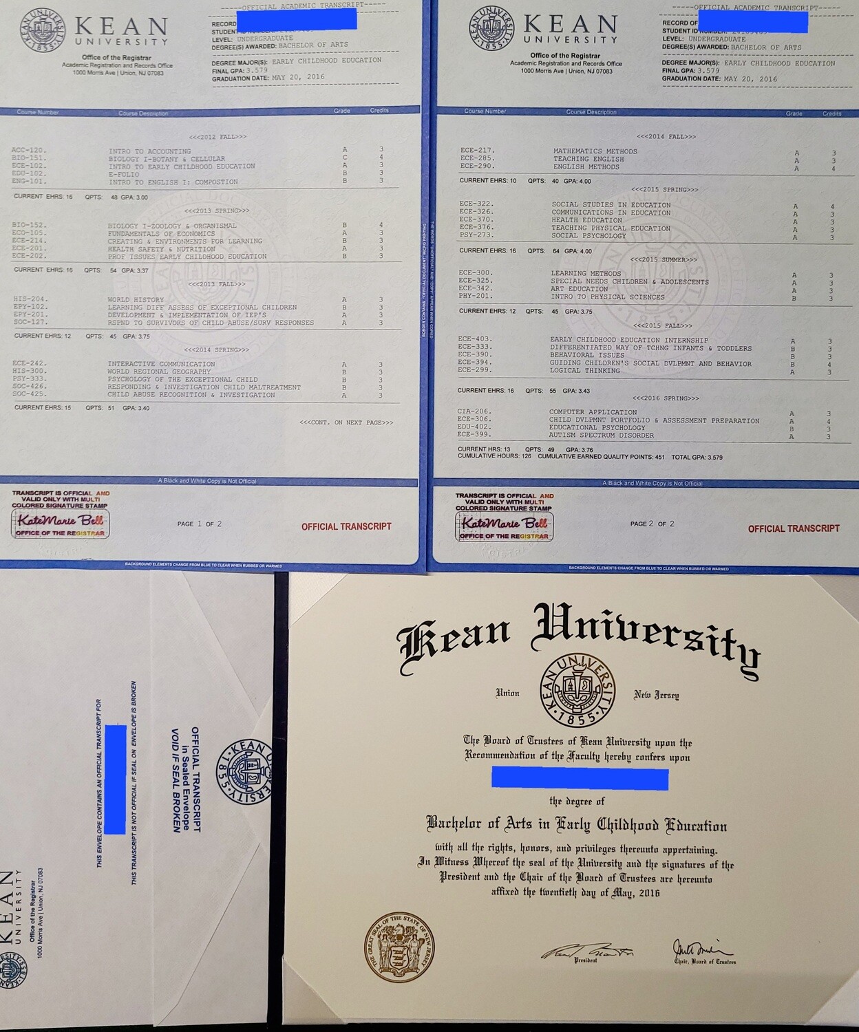 2 Match College Diplomas / University Diplomas + 4 Complete Transcript Sets + 4 University Registrars Envelopes