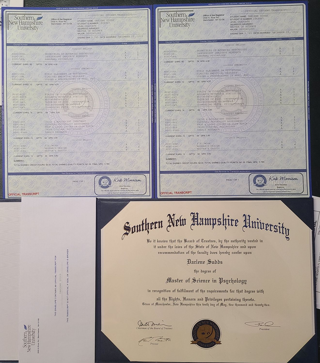 2 Match University Diplomas / College Diplomas + 4 Complete Transcript Sets + 4 Registrar Envelopes