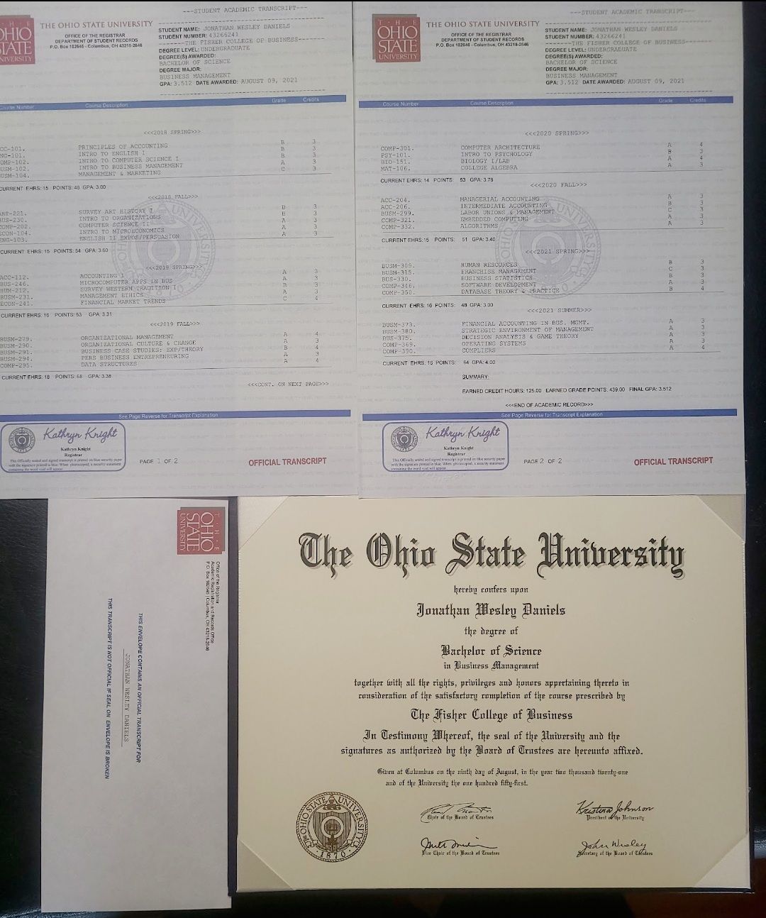 Match University Diploma / College Diploma + Complete Transcript Set + Registrar Envelopes