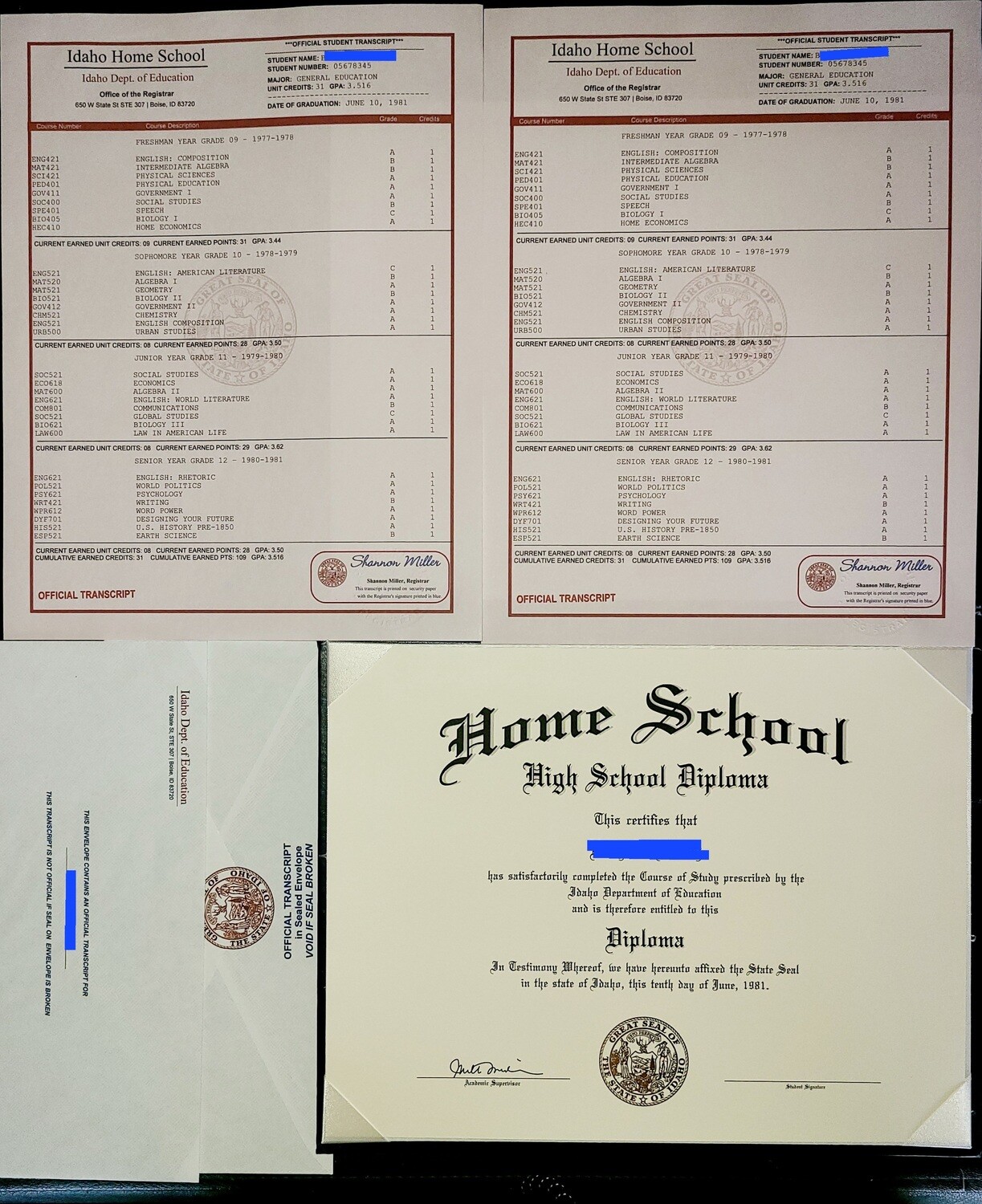 HomeSchool Diploma and Transcripts Set + Envelopes