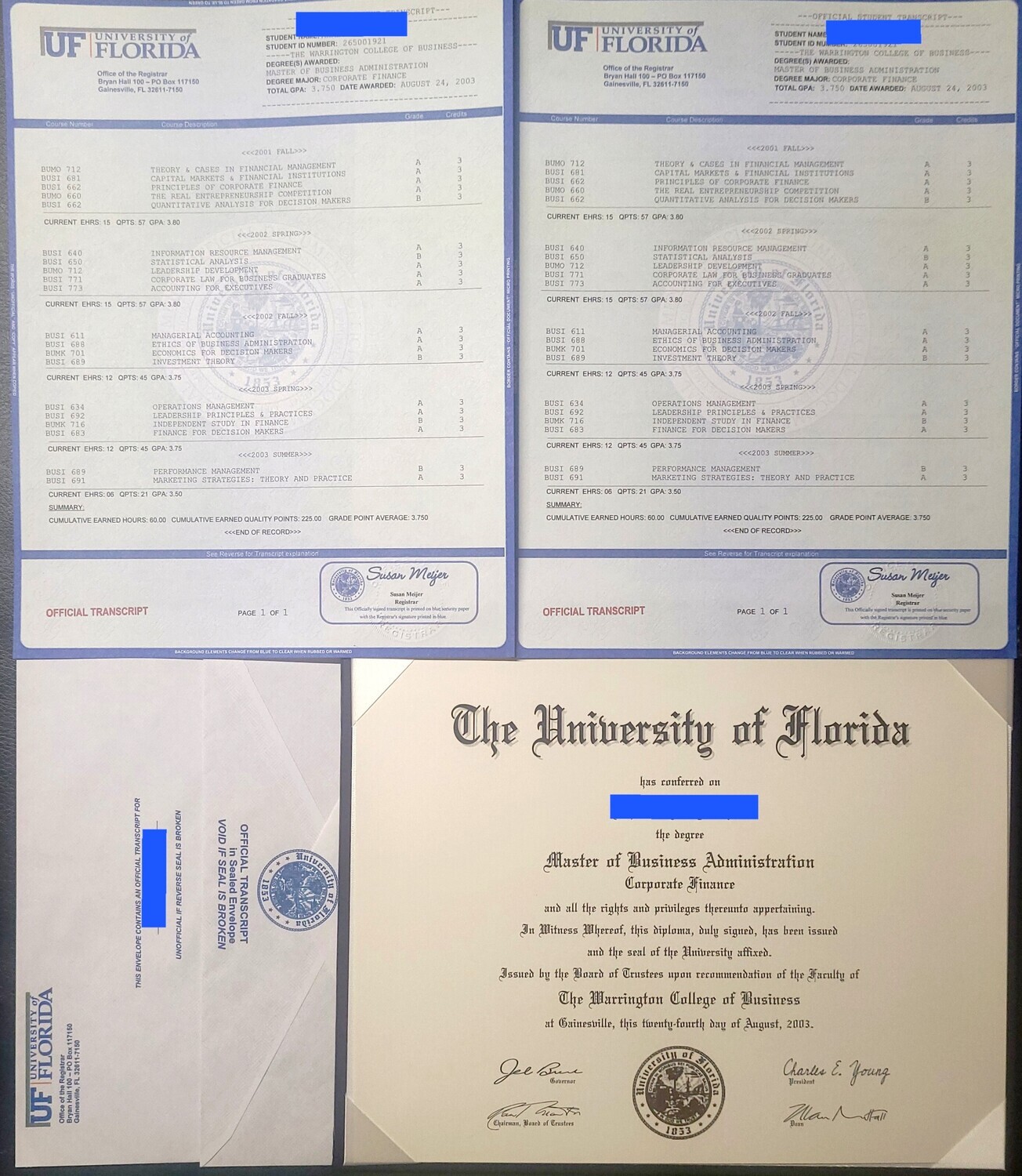 Same Day College Diploma / University Diploma + 2 Transcripts + 2 Registrar Envelopes