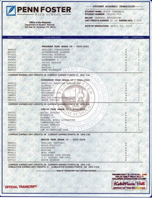 Penn Foster High School Transcripts
