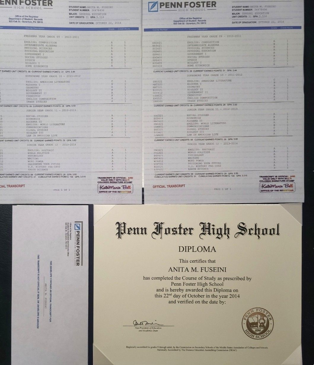 Penn Foster Diploma, Transcripts &amp; Deluxe Holder Set