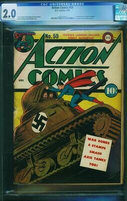 Action Comics, Volume 1 #59 - Classic WW2 Cover - CGC Graded 2.0