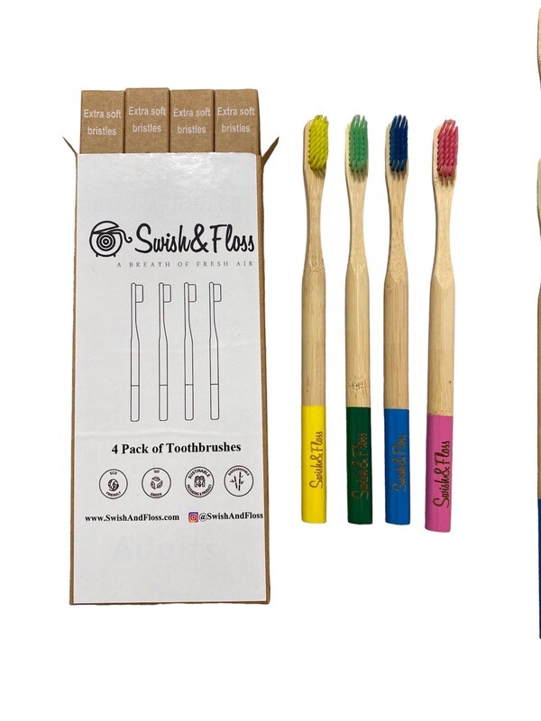 Gentle Care pack of 4 Extra Soft Bristled Bamboo Toothbrushes