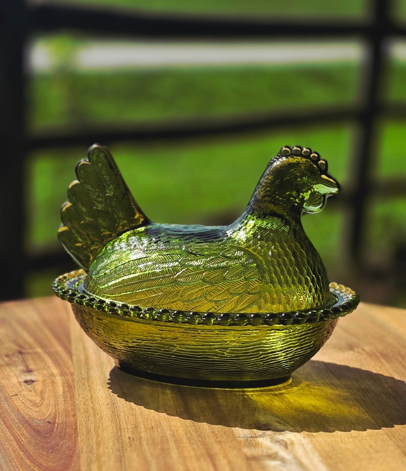 Indiana Glass Hen on Nest/ Olive-Avocado
