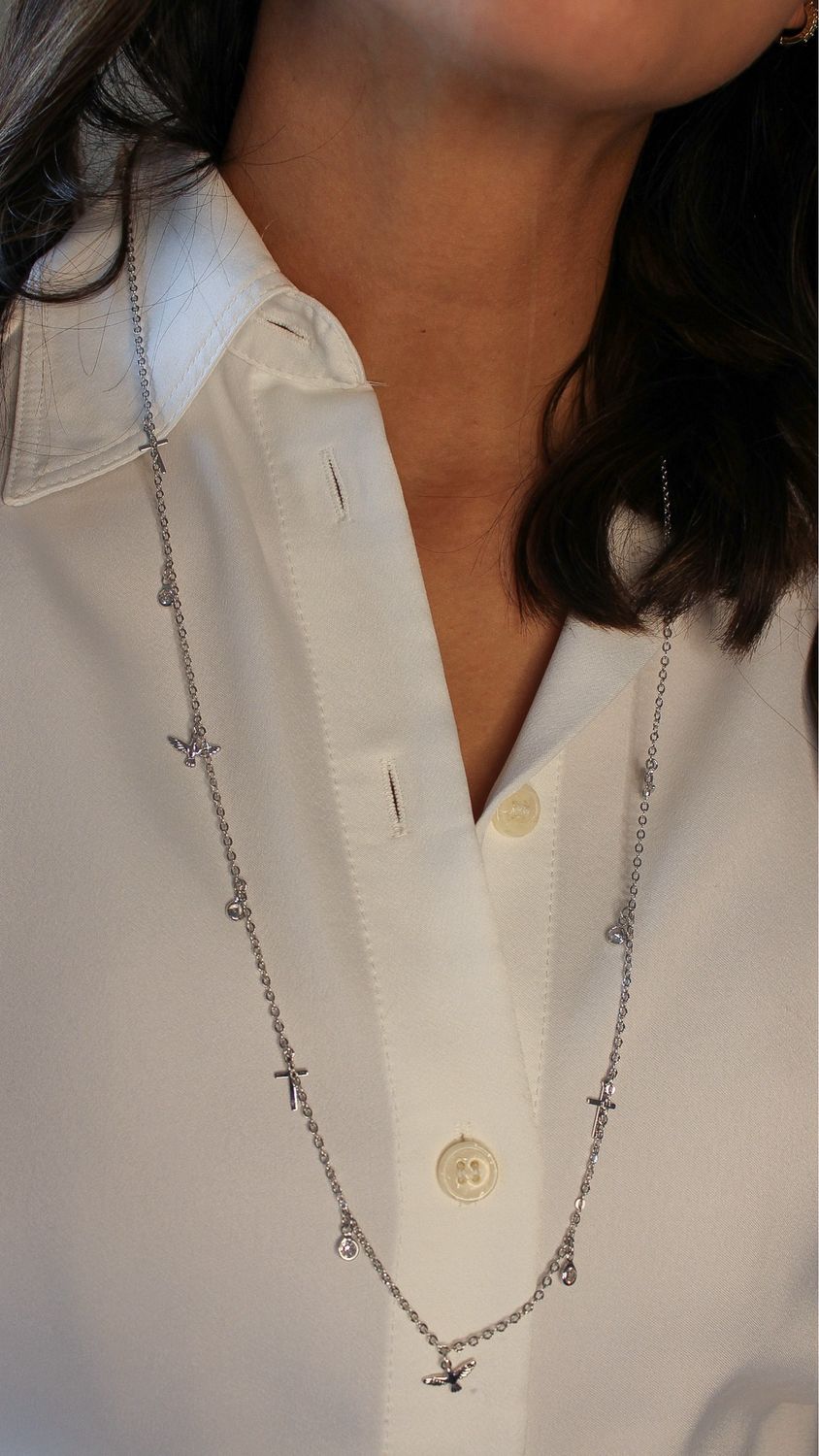 Long Religious Necklace In White Rhodium