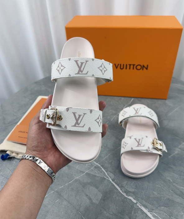 LV white mono buckle sandal