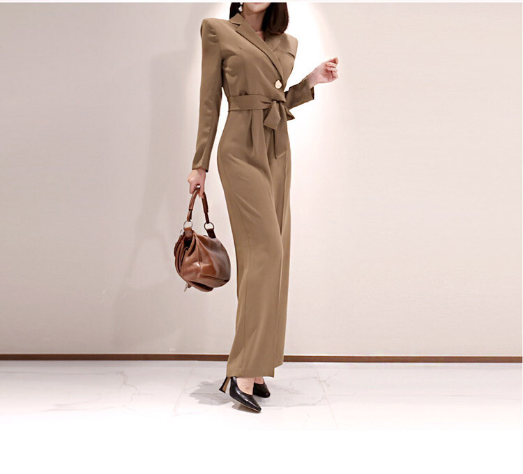 2022 ladies OL temperament slim tie suit neckline wide leg pants professional fashion jumpsuit