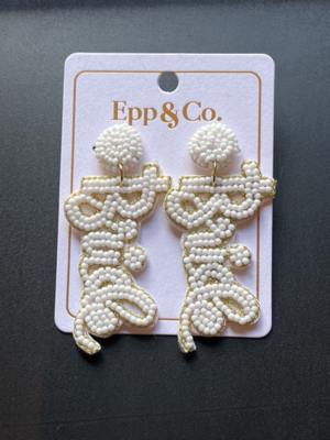 White Beaded "Bride" Earring with Gold Trim