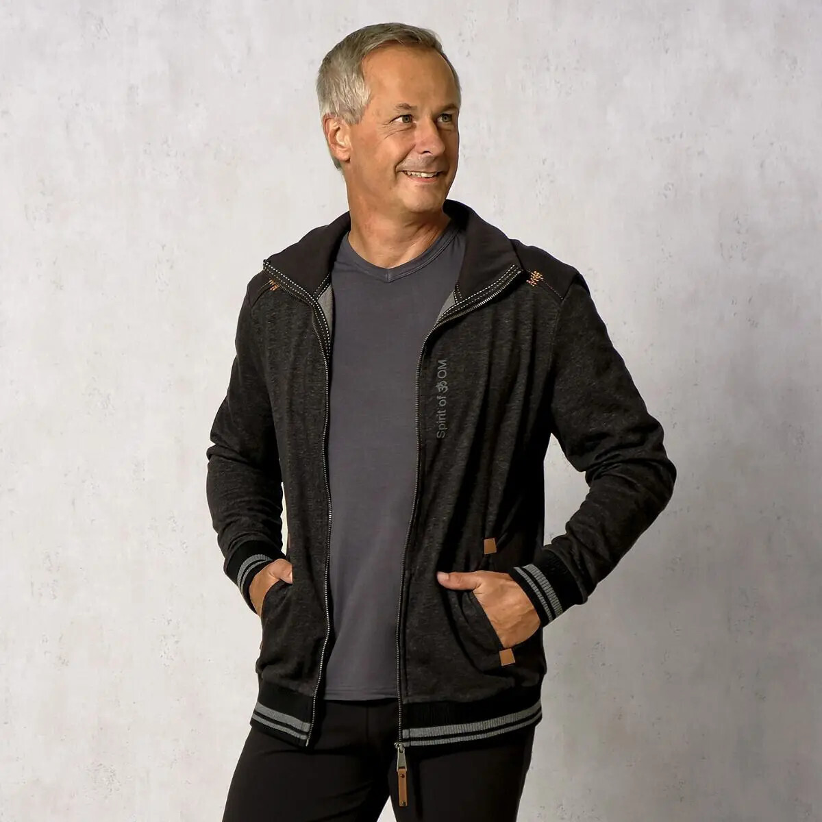 Sweatjacke men schwarz-melange mit Stehkragen