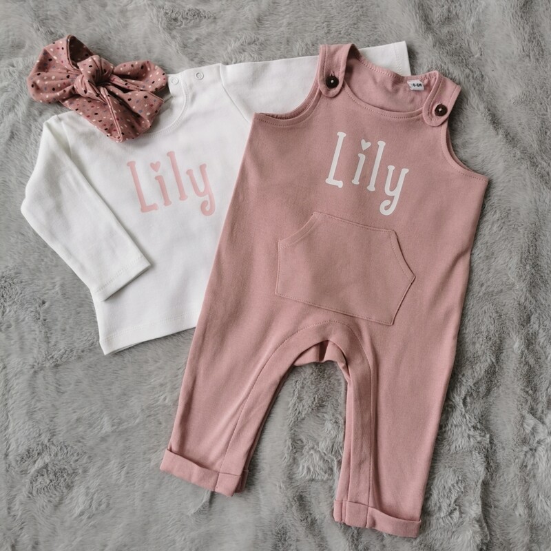 Personalised Organic Cotton Dungarees with Personalised Top And Handmade Bow