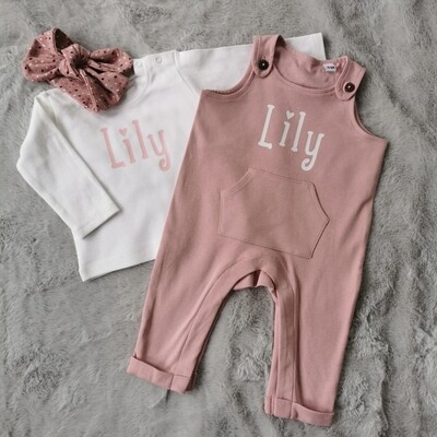 Personalised Organic Cotton Dungarees with Personalised Top And Handmade Bow