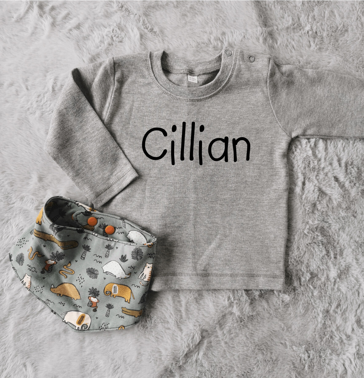 Personalised Grey Top And Handmade Cotton Bib