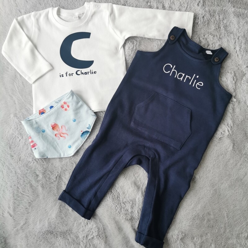 Personalised Organic Navy Cotton Dungarees with Personalised Top And Handmade Bib