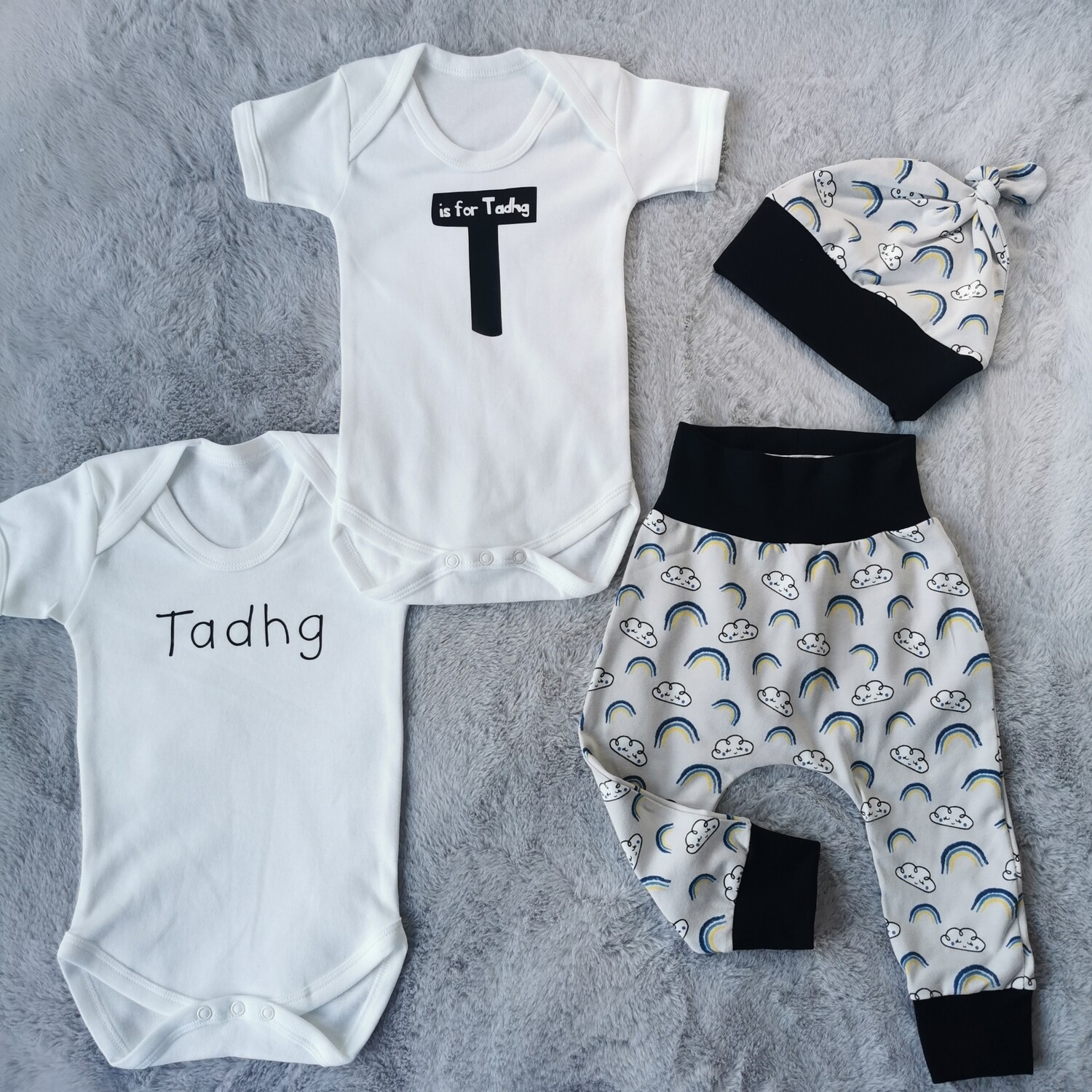 New Baby Gift Box | Personalised Baby Hamper - Rainbow Clouds with Black Cuffs