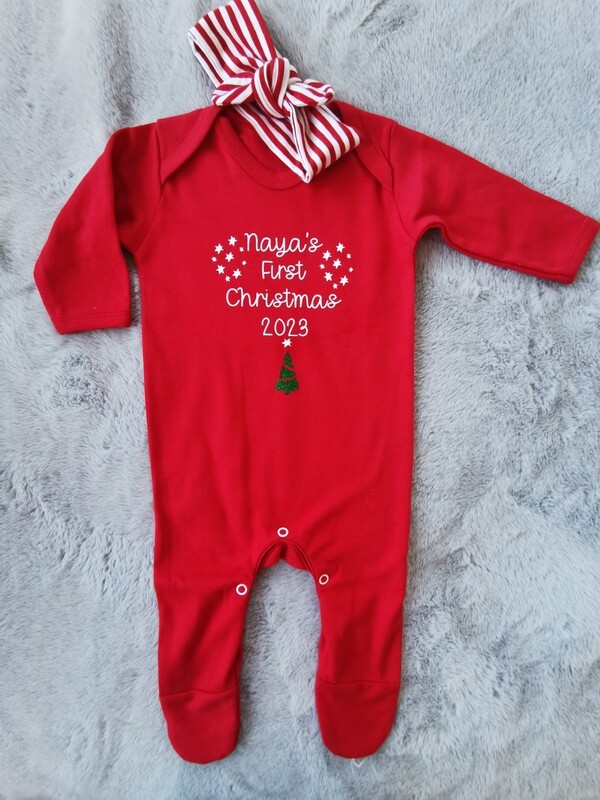 Red First Christmas 2023 Romper / Baby grow With Handmade Bow Or Bib