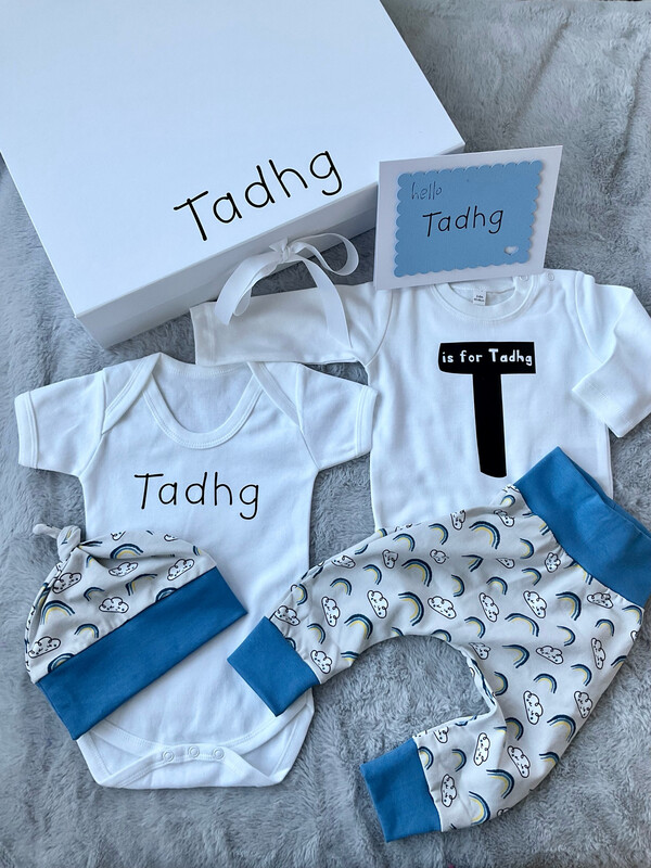 New Baby Gift Box | Personalised Baby Hamper - Rainbow Clouds With Blue Cuffs