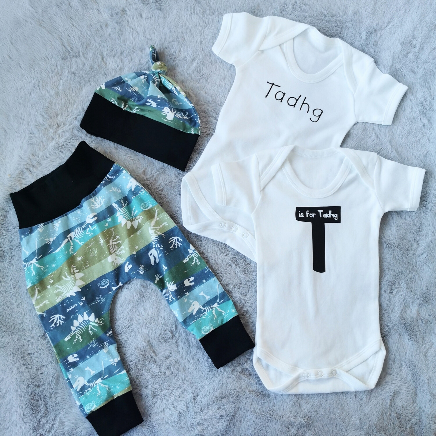 Handmade Set (6-9 months) - Dinosaur Print With Personalised Top