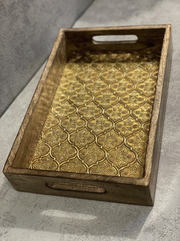 Plateau en Bois Fait Main Laiton Doré