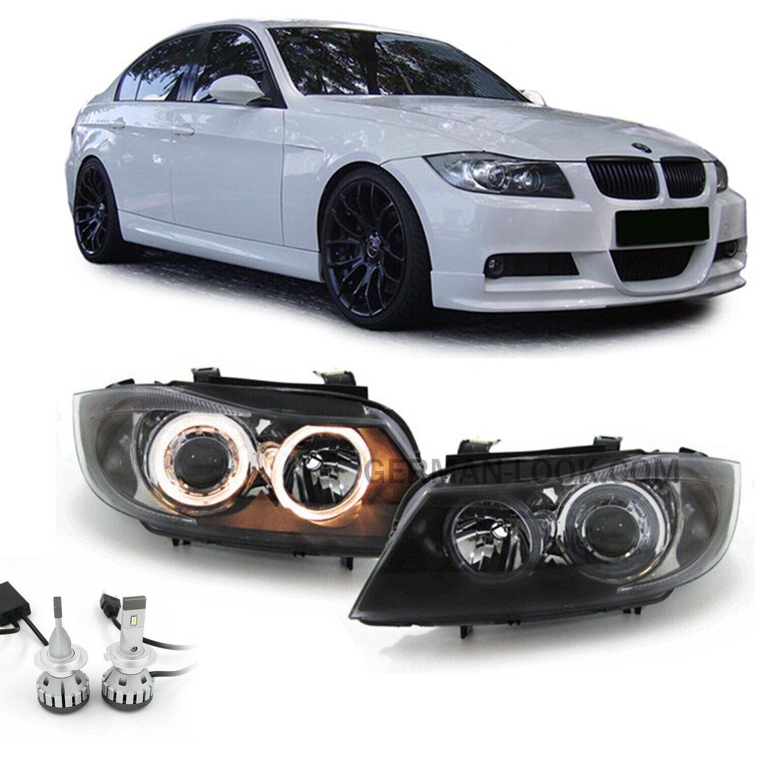 Paire de phares Angel Eyes avant pour BMW Série 3 E90 E91 2005 - 2008
