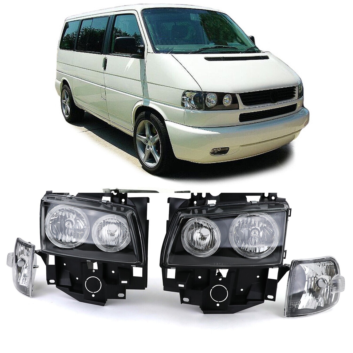 Paire de phares Angel Eyes avant avec clignotants pour Volkswagen Bus T4 1996 - 2003