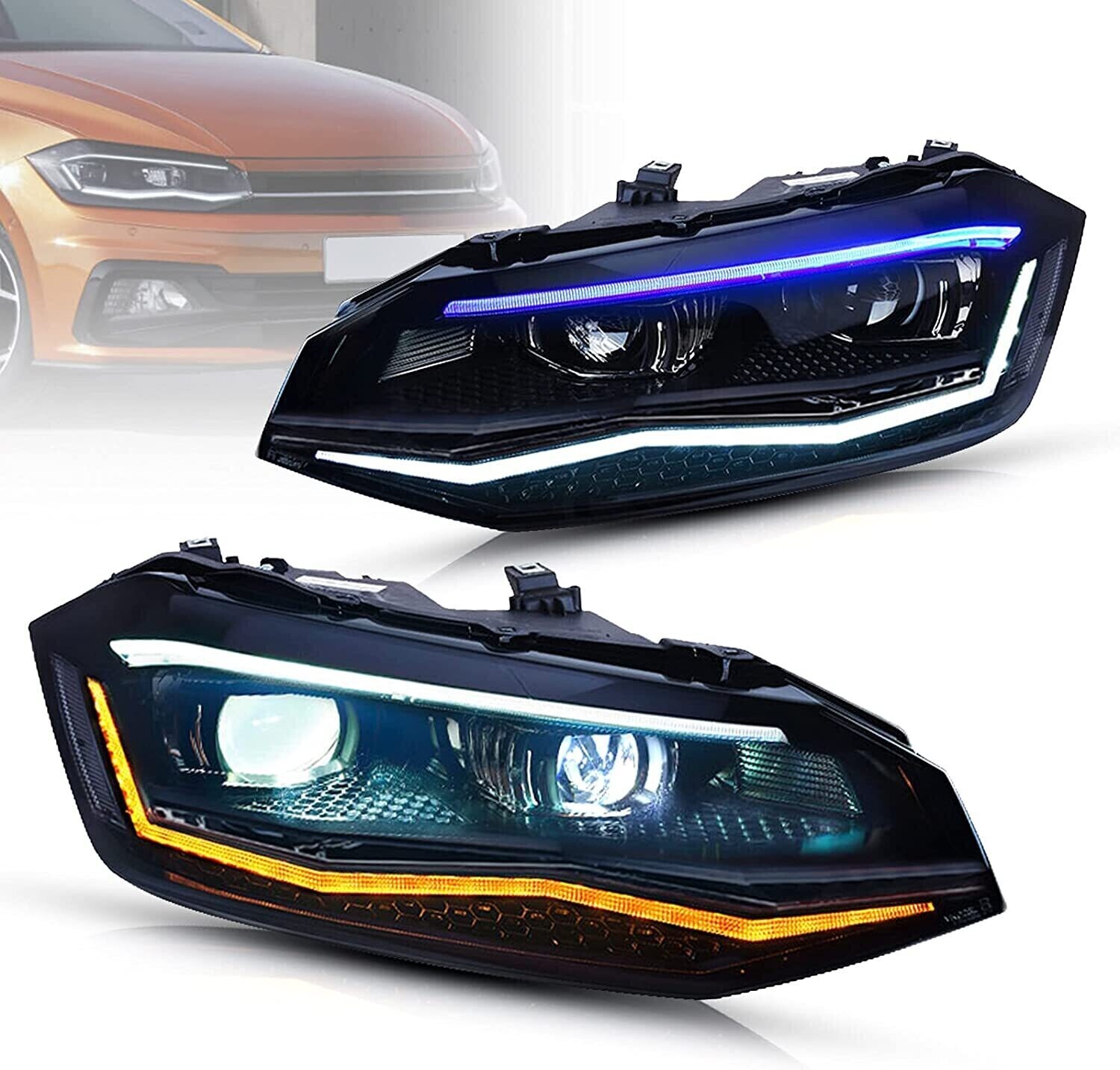 Phares avant Led dynamique pour VW Polo MK6 AW/BZ 2017-2021 - Fond noir