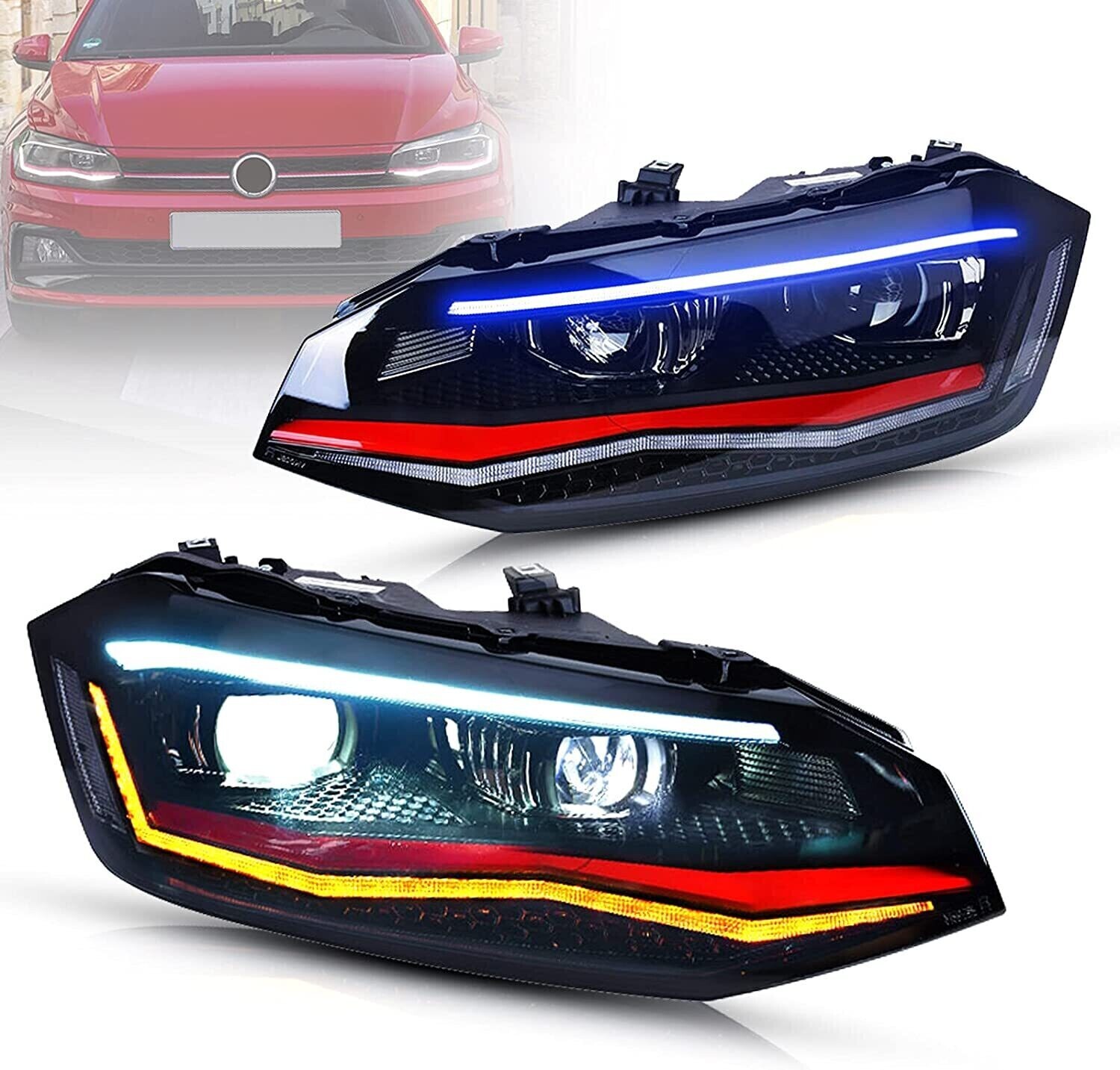 Phares avant Led dynamique pour VW Polo MK6 AW/BZ 2017-2021 - Fond rouge