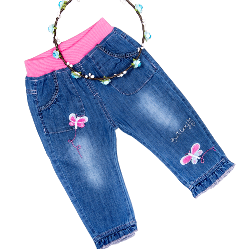 Baby Girl Full Length Adjustable Elastic Coll & Comfortable Waist Denim  Jeans Pink Butterfly Embroidered