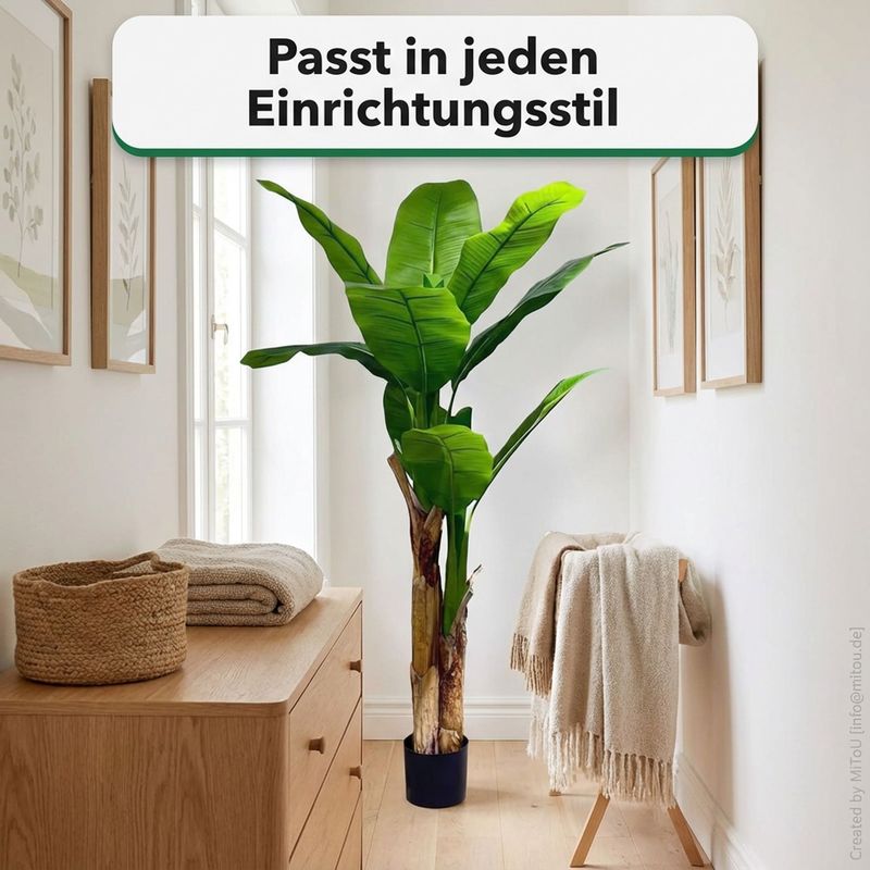 HST Kunstpflanze Bananenbaum im Topf 160 cm – täuschend echt, pflegeleicht, formbare Blätter – Kunstpalme Kunstblume Kunstbaum für Wohnzimmer Büro Schlafzimmer, Textilgewebe/PVC, Topf Ø 15 cm