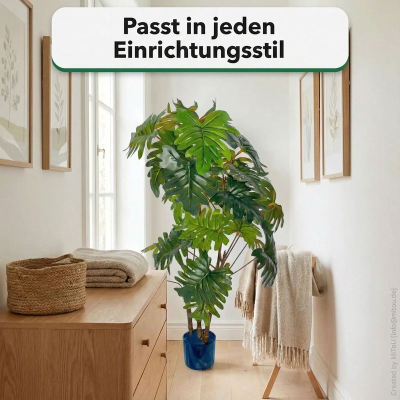HST Kunstpflanze Eichblatt-Philodendron im Topf 60 cm täuschend echt, pflegeleicht, formbare Blätter – Kunstpalme Kunstblume Kunstbaum für Wohnzimmer Büro Schlafzimmer, Textilgewebe/PVC, Topf Ø 15 cm
