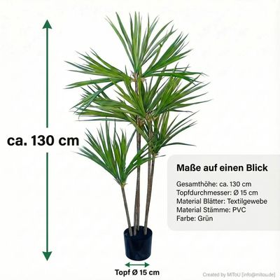 HST Kunstpflanze Drachenbaum im Topf 130 cm – täuschend echt, pflegeleicht, formbare Blätter – Kunstpalme Kunstblume Kunstbaum für Wohnzimmer Büro Schlafzimmer, Textilgewebe/PVC, Topf Ø 15 cm