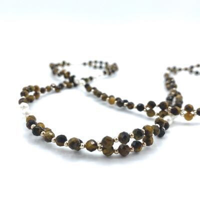 Tantric Necklace: Tiegerauge, Perle & Silber, ca. 37 cm
