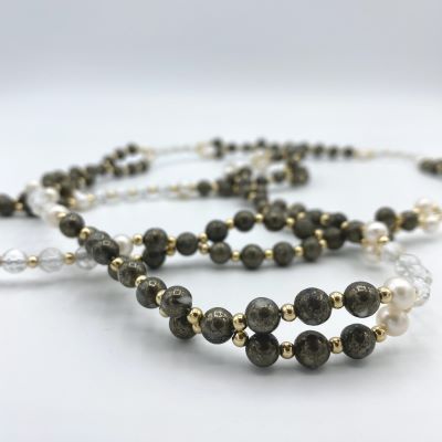 Tantric Necklace: Pyrit, Bergkristall, Perle & Gold, groß