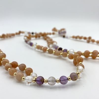 Tantric Necklace: Pfirsich Mondstein, Bergkristall, Super Seven & Gold,  groß