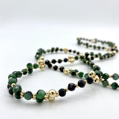 Tantric Necklace: Smaragd, Schwarzer Turmalin & Gold,  mittel