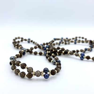 Tantric Necklace: Rauchquarz, schwarze Perle & Gold, groß