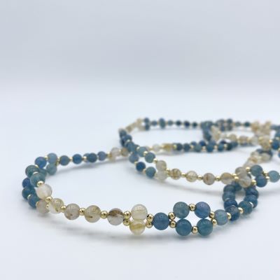 Tantric Necklace: Fluorit Blau, Rutilquarz & Gold, groß