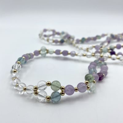 Tantric Necklace: Regenbogenfluorit, Amethyst, Bergkristall & Gold, groß Tantric Necklace: Regenbogenfluorit, Amethyst, Bergkristall & Gold, groß