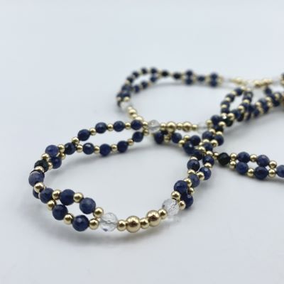 Tantric Necklace: Saphir, Schwarzer Turmalin, Bergkristall & Gold, mini Tantric Necklace: Saphir, Schwarzer Turmalin, Bergkristall & Gold, mini