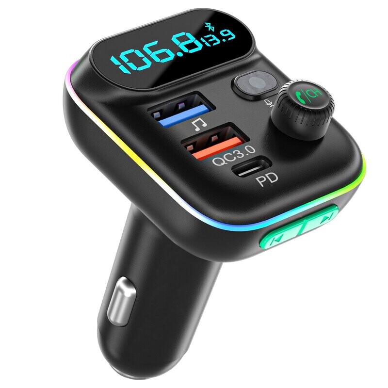 Bluetooth 5.0 FM Transmitter, Hands Free Car Music Player, 2 USB+Type C Bluetooth Radio Adapter Fast Charge, USB Memory Support