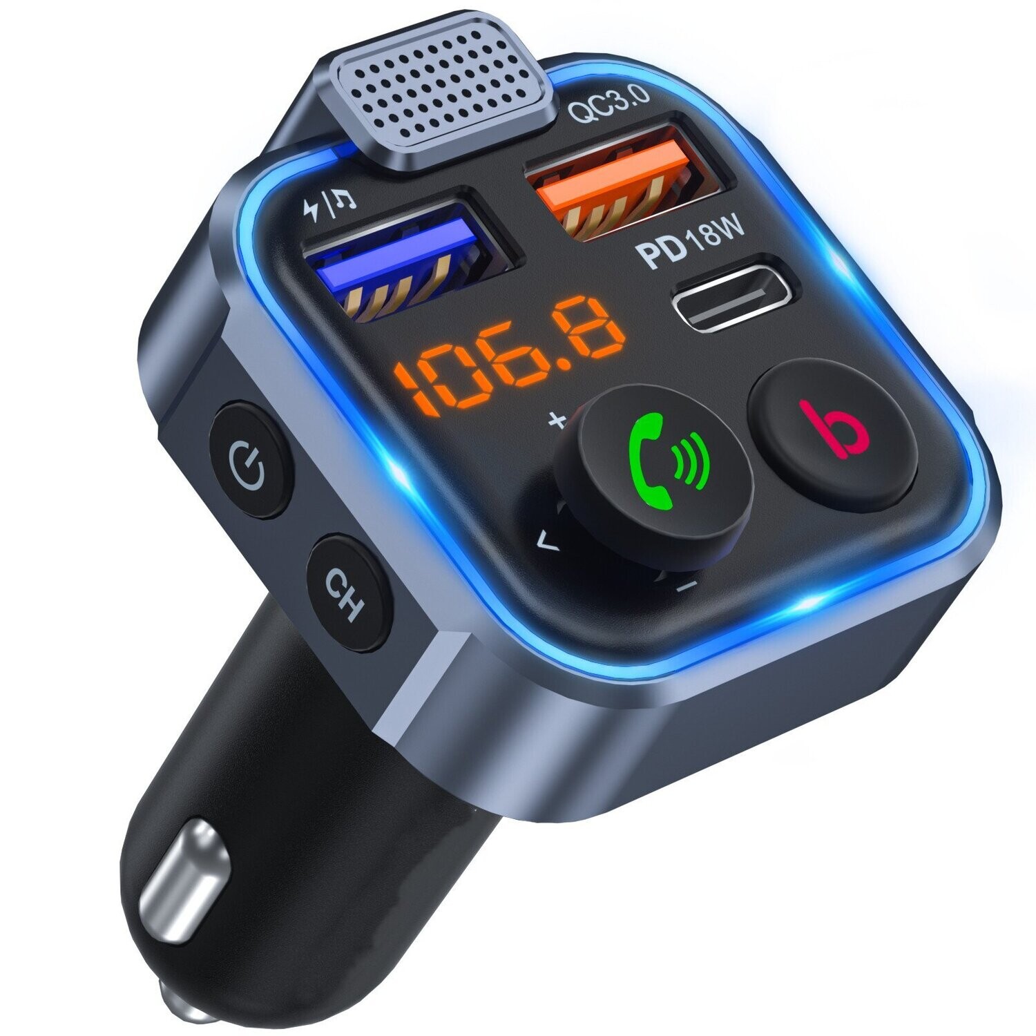 Bluetooth FM Transmitter in-Car Adapter, Wireless Bluetooth 5.0 Radio Car Kit,Type-C PD 20W+ QC3.0 Fast USB Charger,Hands Free Calling, Mp3 Player Receiver Hi Fi Bass Support U Disk